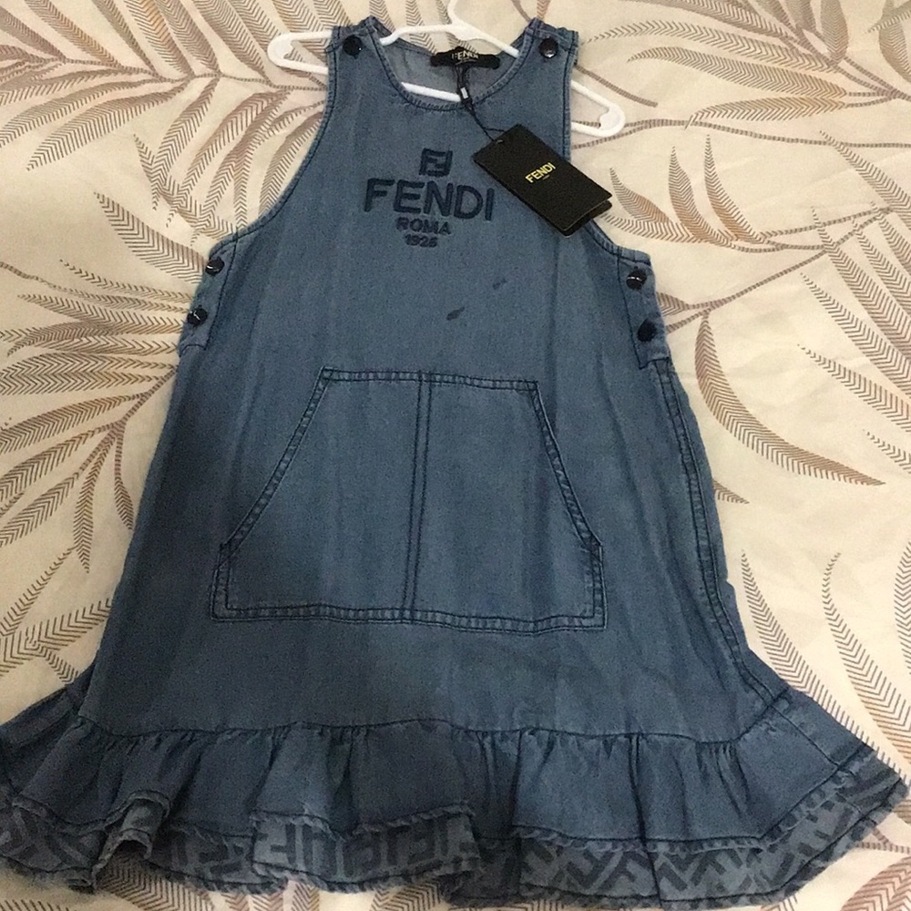 Fendi Girls Denim-Look Blue Ruffle Hem Dress